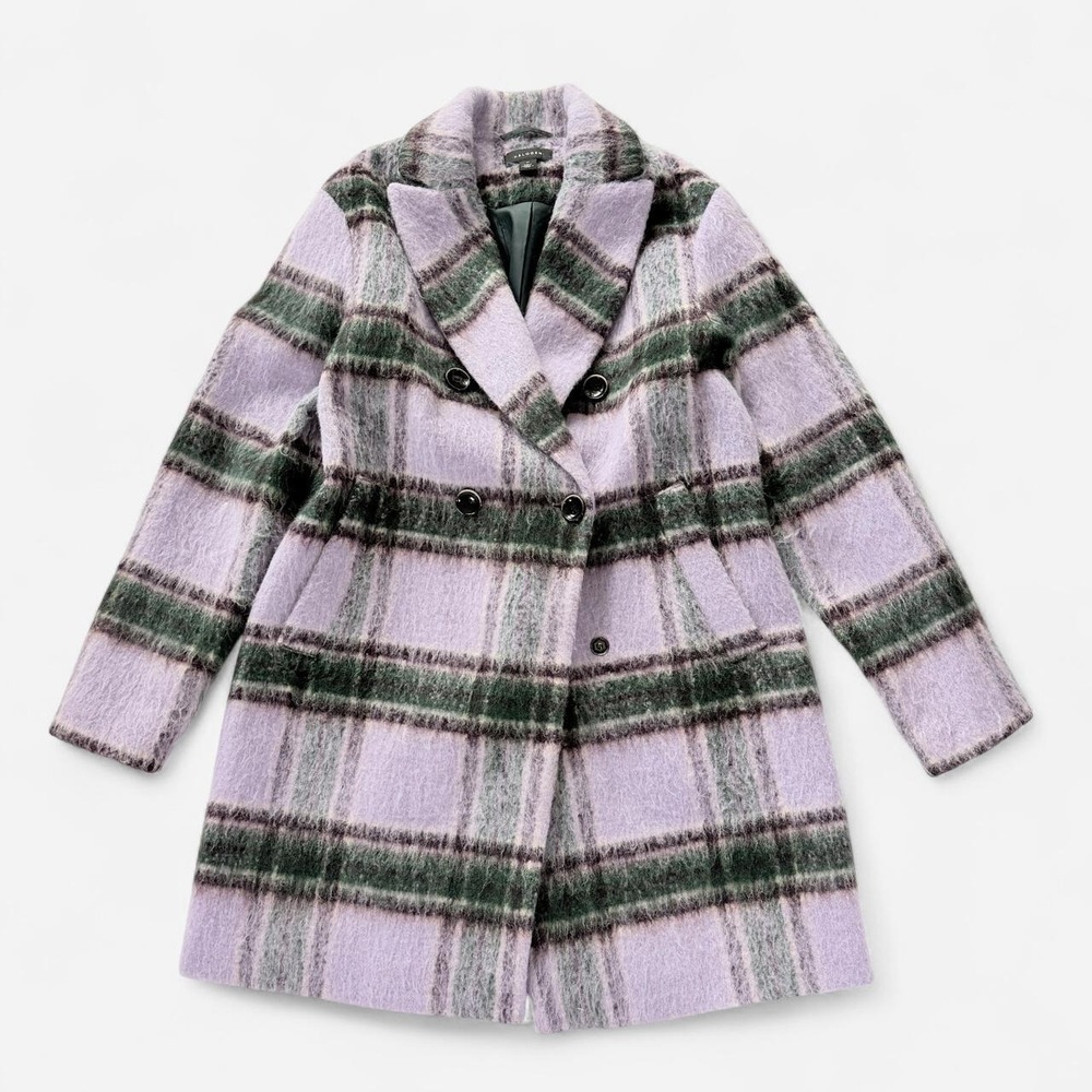 Halogen Women's Medium Lavender Green Plaid Wool Blend Double Breasted Coat